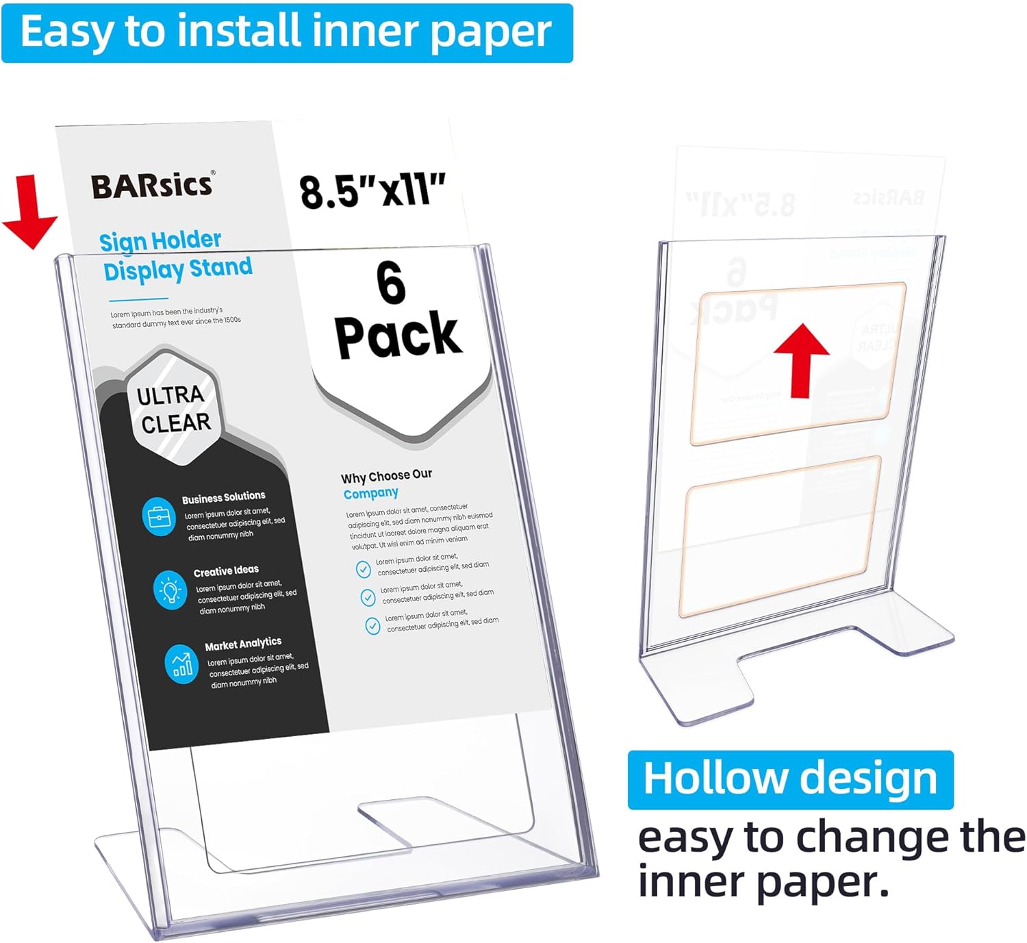 BARsics Plastic Sign Holder 8.5x11 Clear, Top-Load Paper Standing Display (Pack of 6)