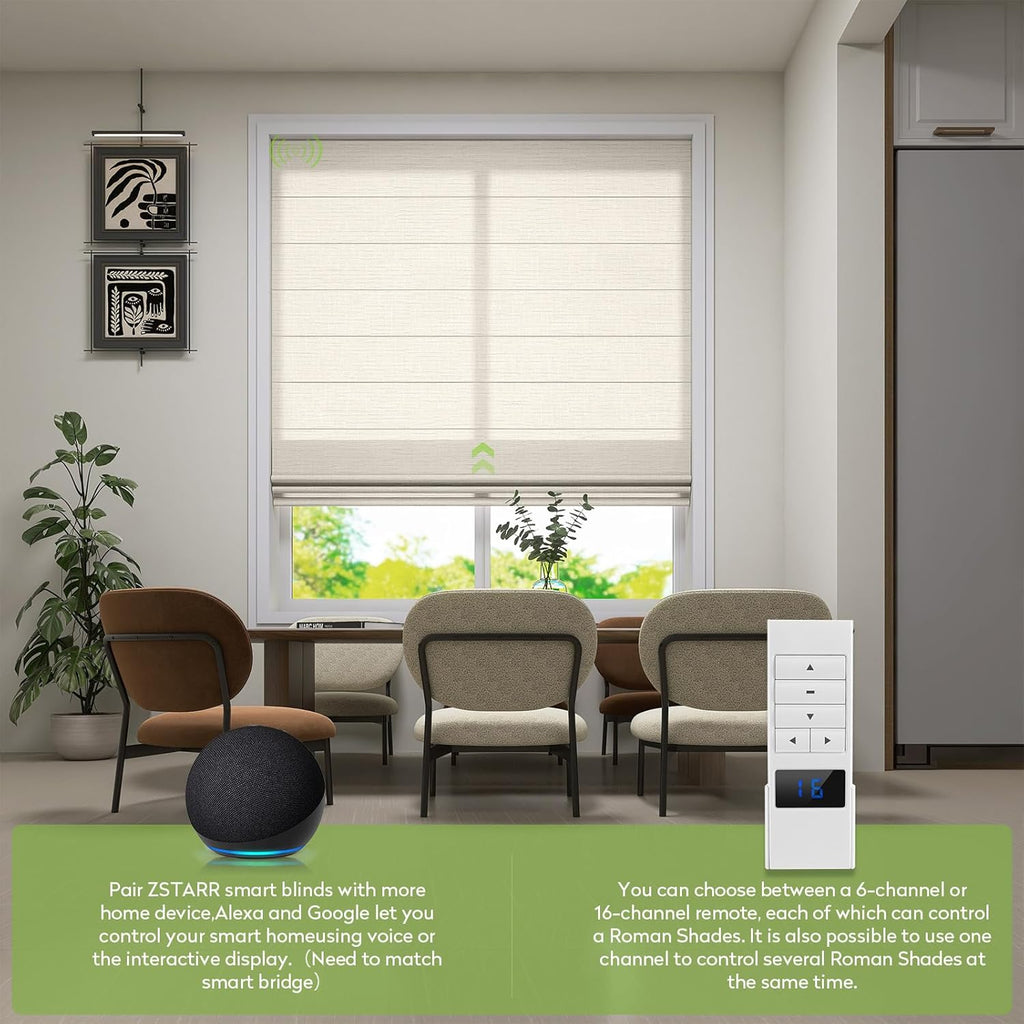 ZSTARR Smart Roman Shades Rechargeable Motorized Blinds with Remote Light Filtering Roman Window Shades Plain Fold Soft for Doors Bedroom, Custom Size (Sheer Beige)