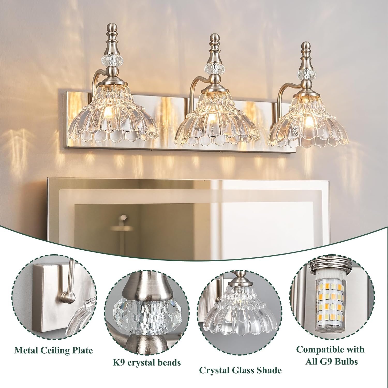 Vintage Bathroom Vanity Light, 3-Light Brushed Nickel Vanity Lighting Fixture with Flower Glass Shade, Bathroom Lighting Fixtures Over Mirror