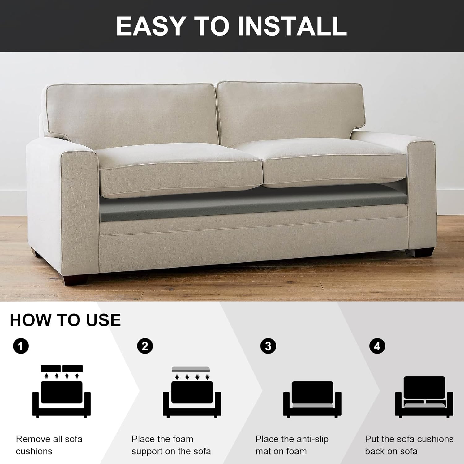 HAVARGO Couch Cushion Support for Loveseat Sofa High Density Foam 44"x20" Inches Sofa Couch Supports for Sagging Cushions Light Grey 1PC with Anti Slip Mesh Fabric