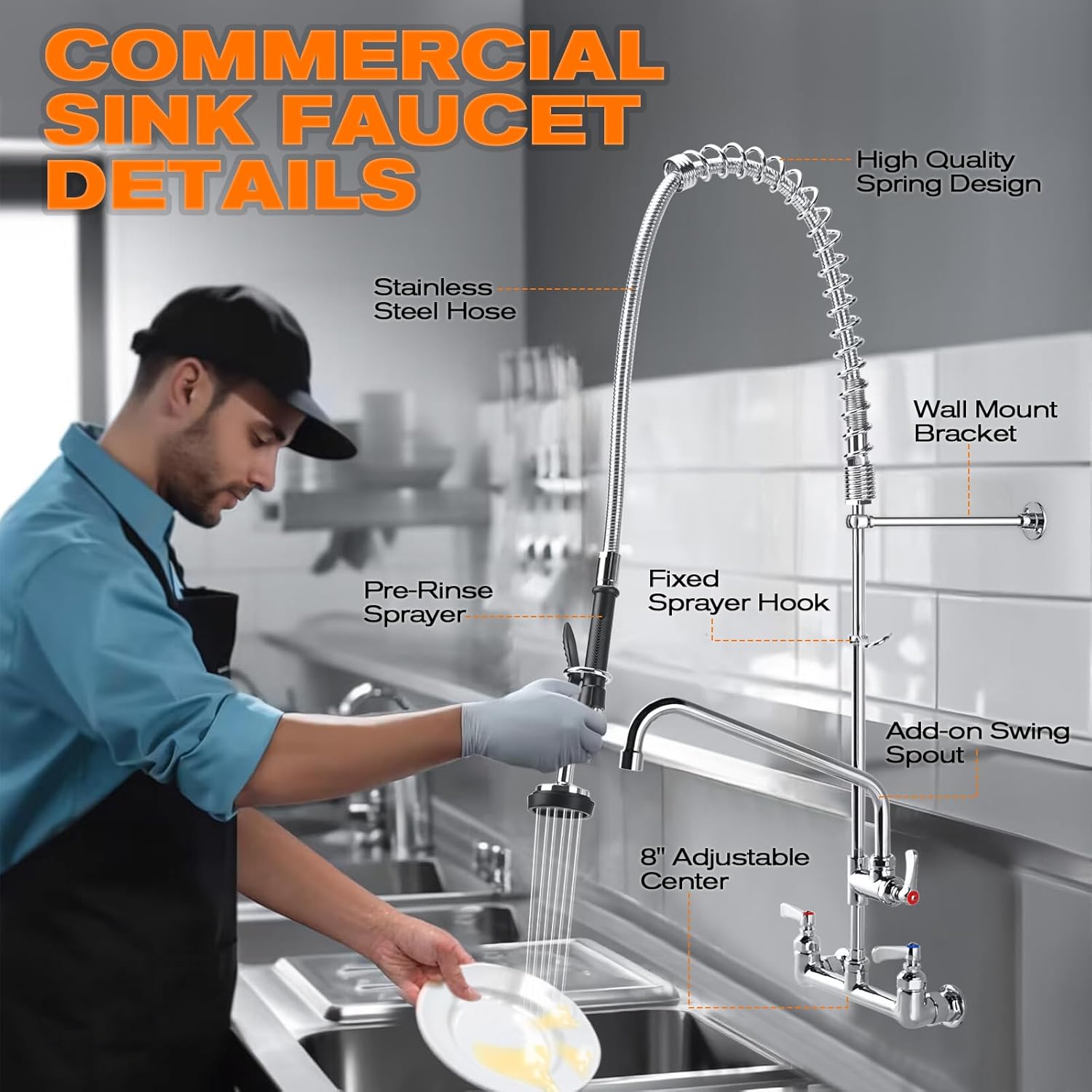 21" Height Commercial Faucet with Sprayer, 8" Adjustable Center & 8" Add-on Swing Spout, Wall Mount Pre Rinse Commercial Sink Faucet for Commercial Restaurant Industrial Kitchen