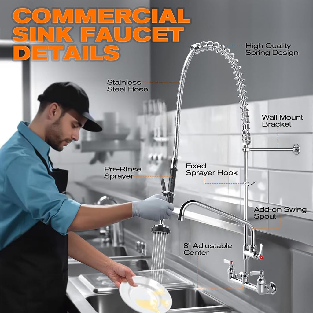 43" Height Commercial Faucet with Sprayer, 8" Adjustable Center & 12" Add-on Swing Spout, Wall Mount Pre Rinse Commercial Sink Faucet for Commercial Restaurant Industrial Kitchen