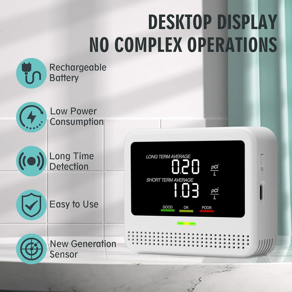 Digital Radon Detector - User-Friendly Desktop Device with HD LCD Display, 2-3 Years of Battery Life on 6-Hour Charge, 10-Year Sensor Lifespan, Perfect for Accurate Home and Office pCi/L Reading