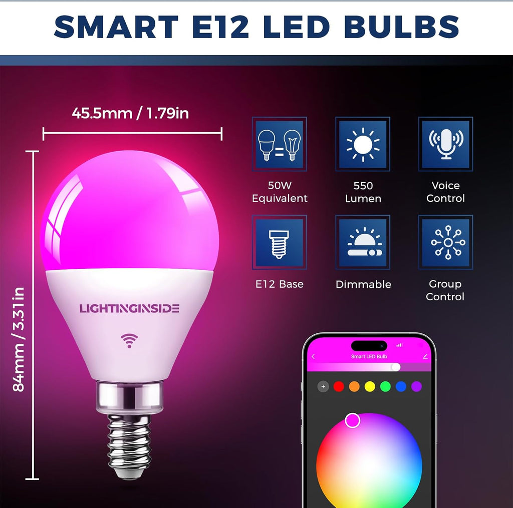 Lightinginside E12 Smart Light Bulbs 50W Equiv., G16.5 RGBCW Candelabra Chandelier Ceiling Fan Smart Bulb Works with Alexa/Google Home/Smart Life, 5W 550LM, 2.4G WiFi Bluetooth Bulb, ETL Listed, 6PCS