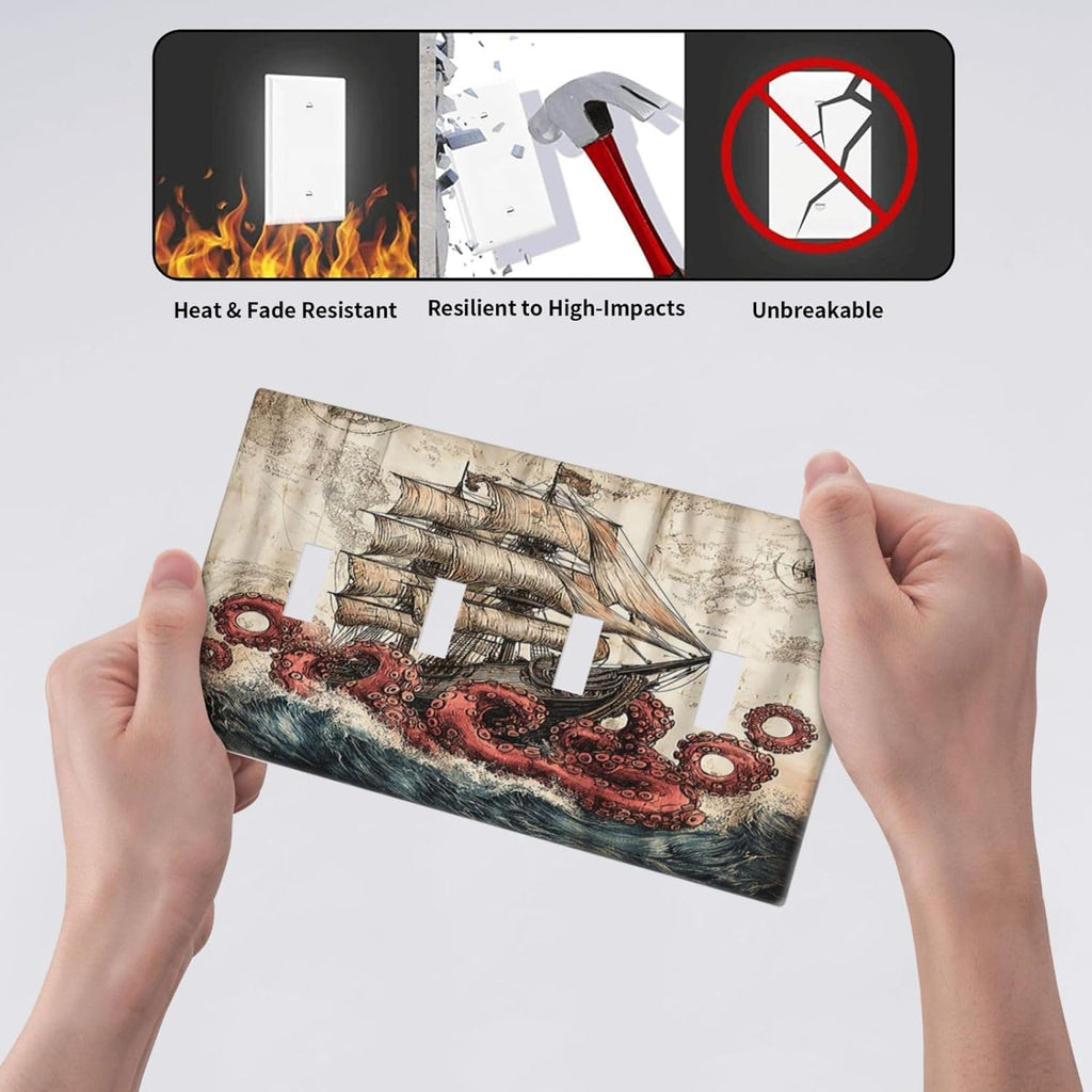 Light Switch Covers Vintage Octopus Ocean Sailboat Bizarre Adventure Quad Toggle 4 Gang Wall Plate Electrical Faceplate Decorative Switch Plates for Bathroom Kids room Decor