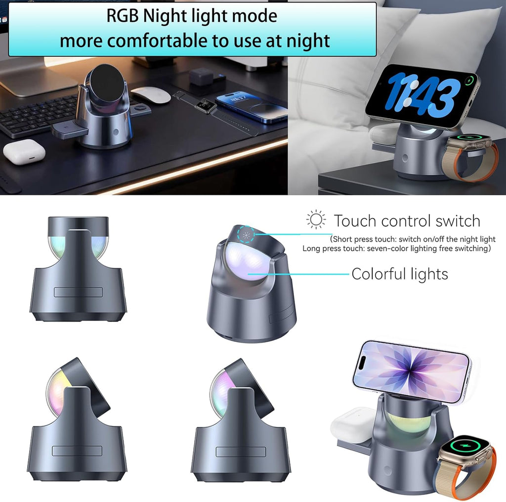 Smart iPhone Charger 4 in 1 Wireless Charging Station for iPhone, Apple Watch & AirPods – Motorized Expandable Dock with 110° Rotation, 15W, RGB Night Light, CE/FCC Certified