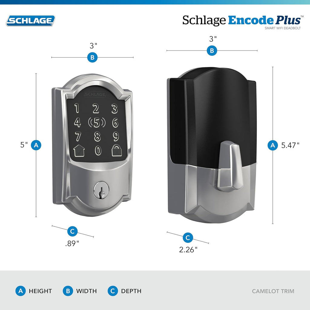 Schlage BE499WB CAM 625 Encode Plus WiFi Deadbolt Smart Lock, Keyless Entry Touchscreen Door Lock with Camelot Trim, Bright Chrome