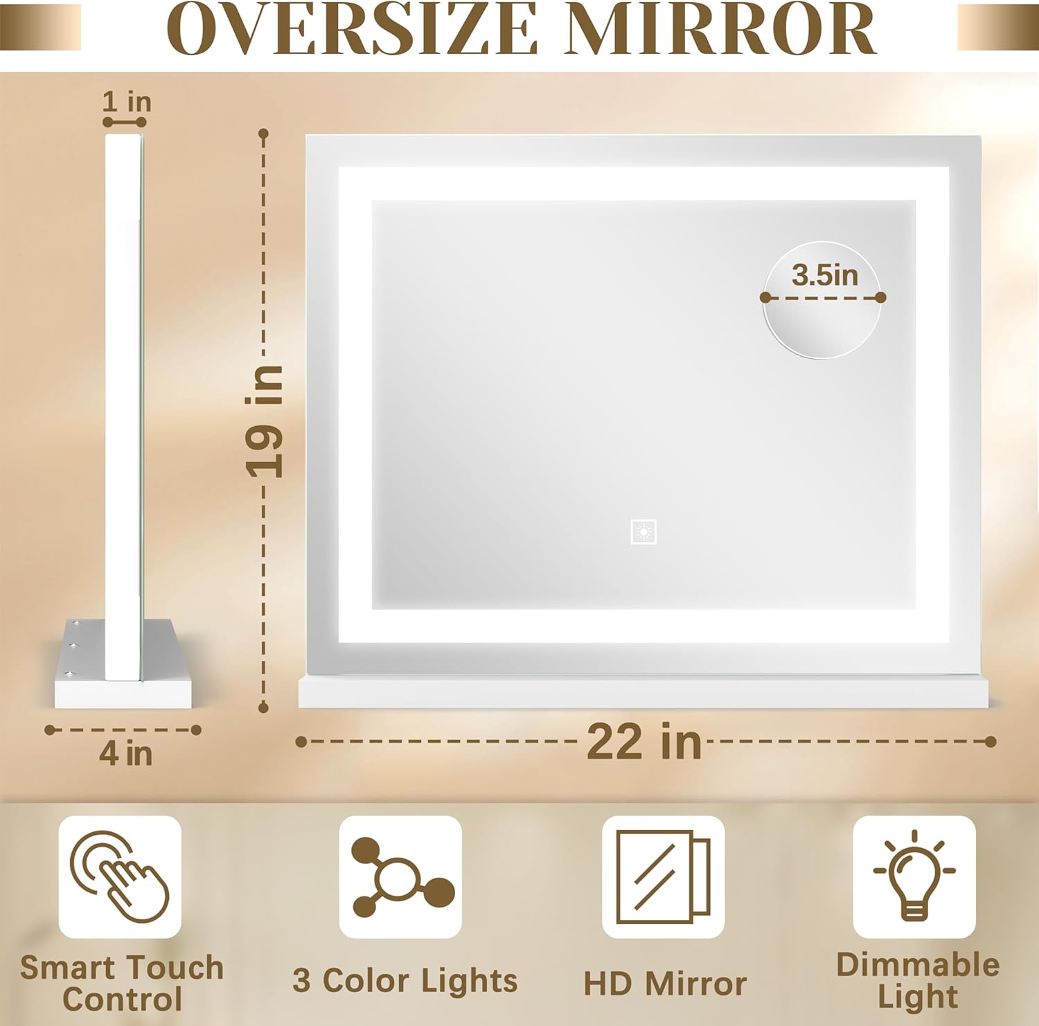 ROLOVE Lighted Vanity Mirror with Lights, LED Makeup Mirror with 3 Color Modes, Touch Dimming, Wall Mountable & Tabletop, Dressing Room Mirror with 10X Magnification, 22x19 Inch, White