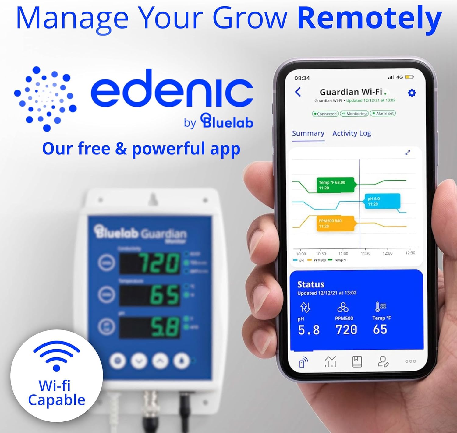 Bluelab Guardian Monitor Wi-Fi for Real-time pH, Temperature, and Conductivity (TDS) Measurements in Water with Calibration, 3 in 1 Digital Nutrient Meter for Hydroponic Systems and Indoor Plant Grow