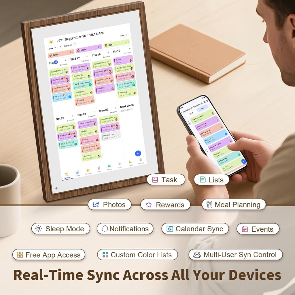 10.1 Inch Digital Calendar Chore Chart with Touchscreen - Full HD Interactive Display, Wall & Desk Mountable Family Planner, to-Do List & Meal Planner, Digital Picture Frame Gifts for Women Mom