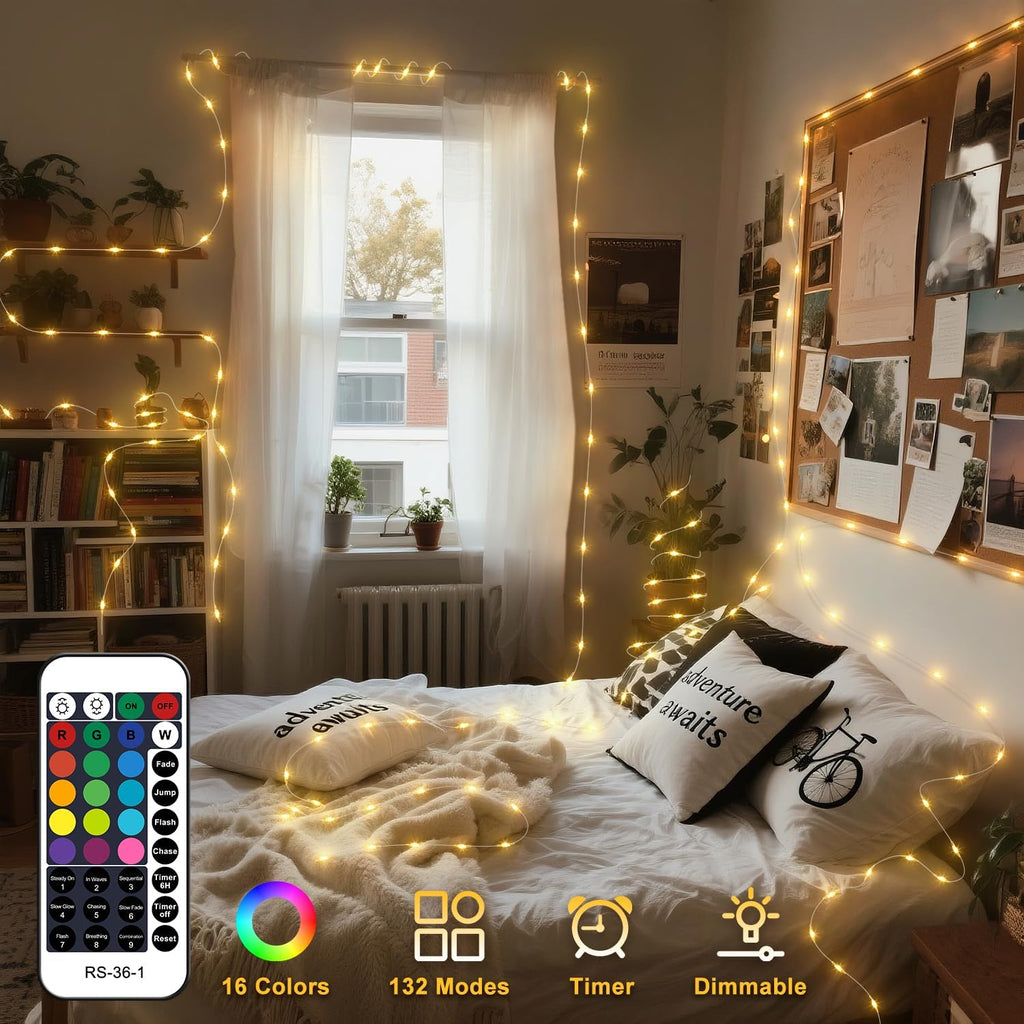 OMIKA 2 Pack 16.4ft 50 LED 16 Colors Battery Operated & USB Powered Fairy Lights, with Remote Waterproof LED String Lights for Bedroom Garden Patio Party Indoor Outdoor Decor(132 Modes)