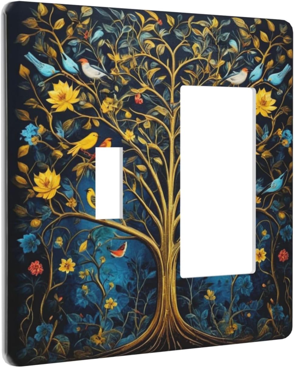 Gold Tree With Birds Flowers on Branches Light Switch Covers 2 Gang Single Toggle Rocker Combination Wall Plate Cover Electrical Faceplate Decorative Switchplate for Farmhouse Living Decor