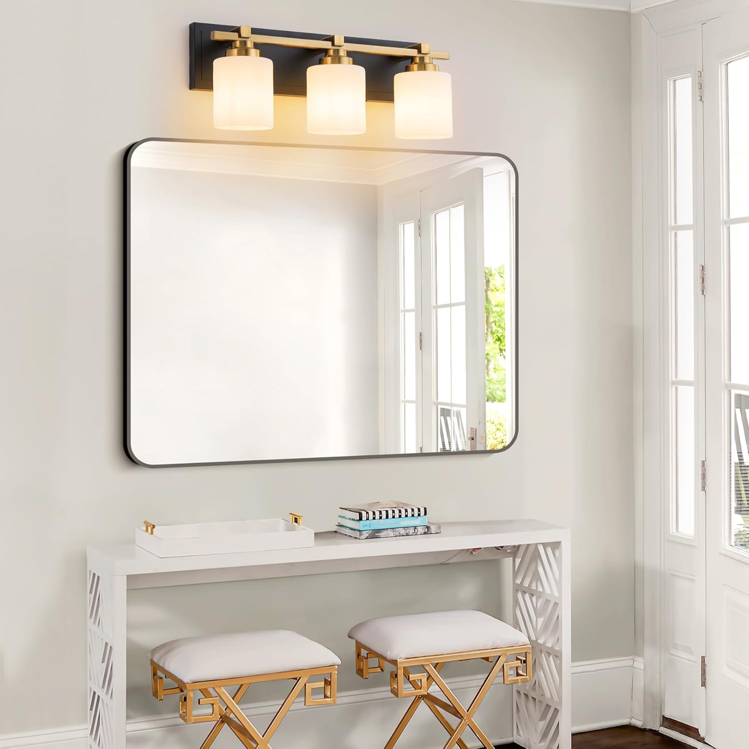 3 Light Modern Bathroom Light Fixtures Over Mirror, Black Gold Vanity Lights for Bathroom Wall Sconces with Milky White Glass Shades, E26 Socket (Bulbs Not Included)