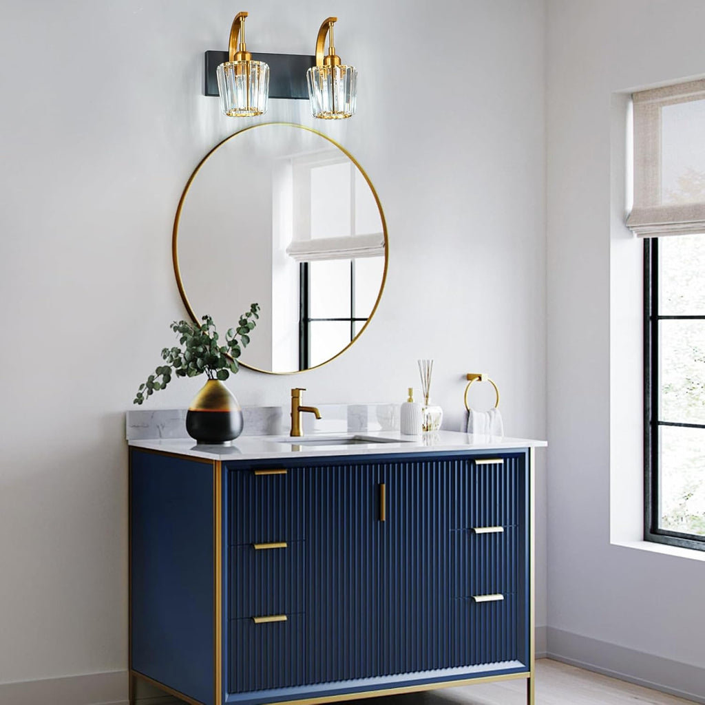 Modern Bathroom Vanity Light, 2-Light Black Gold Wall Sconce with Crystal Accents, Over Mirror Bathroom Lighting Fixture, 13.77" Long Dimmable Vanity Lamp for Makeup, Easy Installation