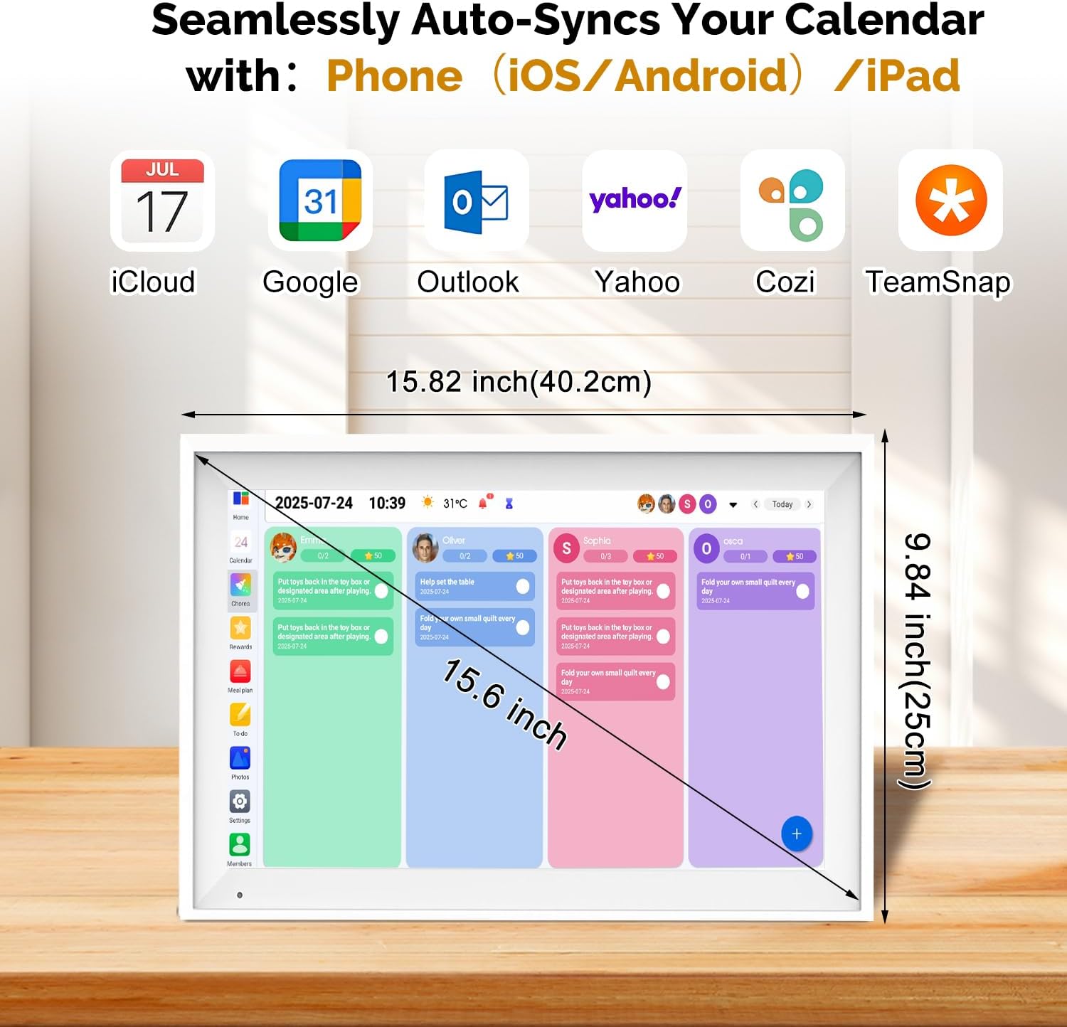 15.6 Inch Digital Calendar Wall Touch Screen Chore Chart, 64GB Electronic Calendar + 1080 FHD Smart Family Planner, Wall and Desk Mountable
