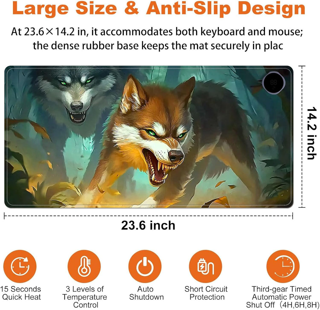 Small Heated Desk Pad 23.6" x 14.2" – Compact Electric Mouse Pad with 3 Heating Levels, Auto Shut-Off, Waterproof PU Surface, Plug-in Warmer for Office or Home Use, Forest Wolves