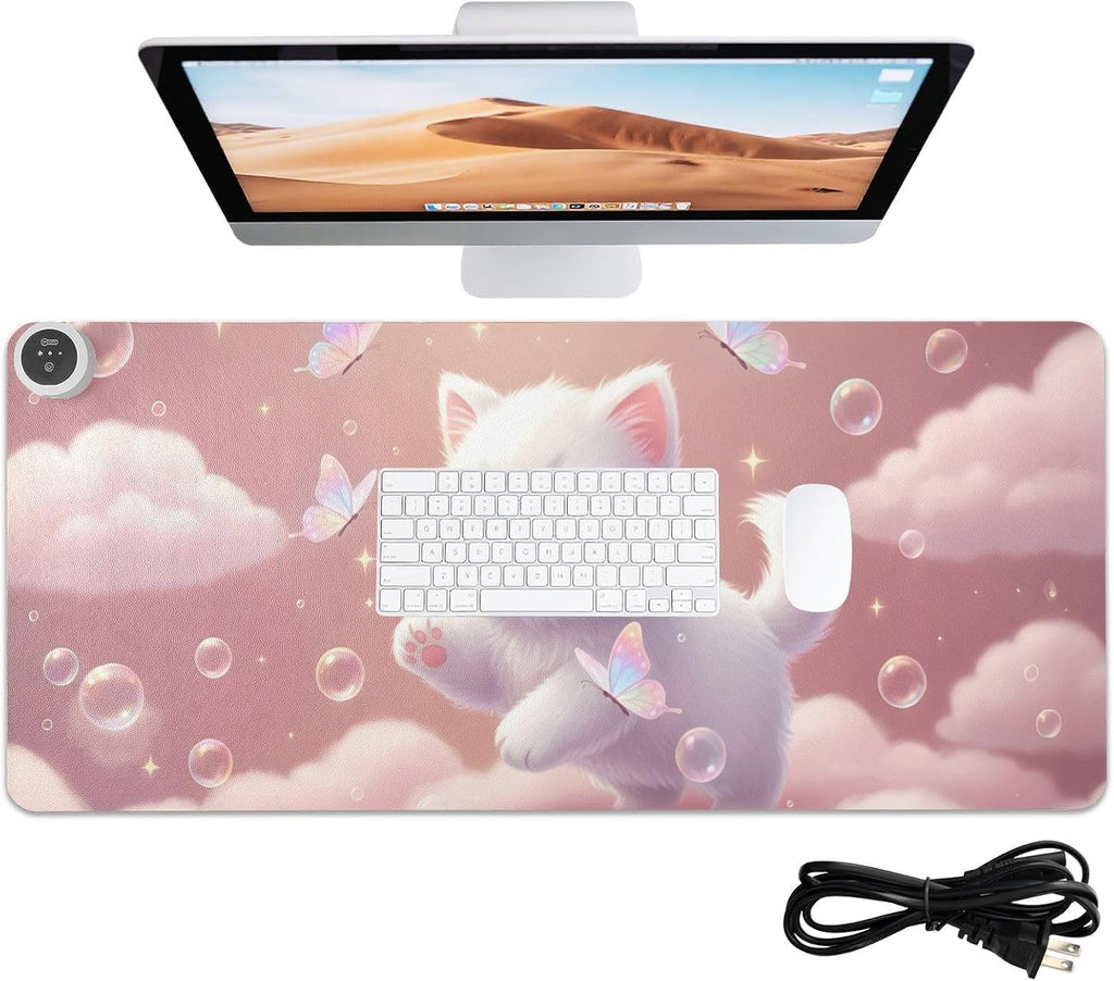 Large Heated Mouse Pad,Leather Desk Mat,31.5"x13",Hand Warmer Pads for Desk,Kitty Bubbles(Pale Pink)