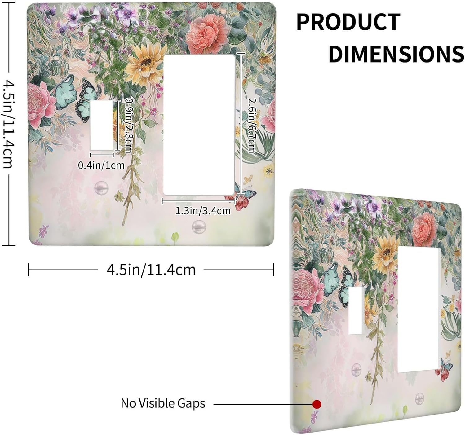 Rustic Floral Watercolor Flower Blossom Butterfly 2 Gang Combo 1 Toggle 1 Rcoker Light Switch Covers Decorative Switch Plates Electrical Switch Plates and Outlet Covers for Home Art Decor 4.5 X 4.5 IN