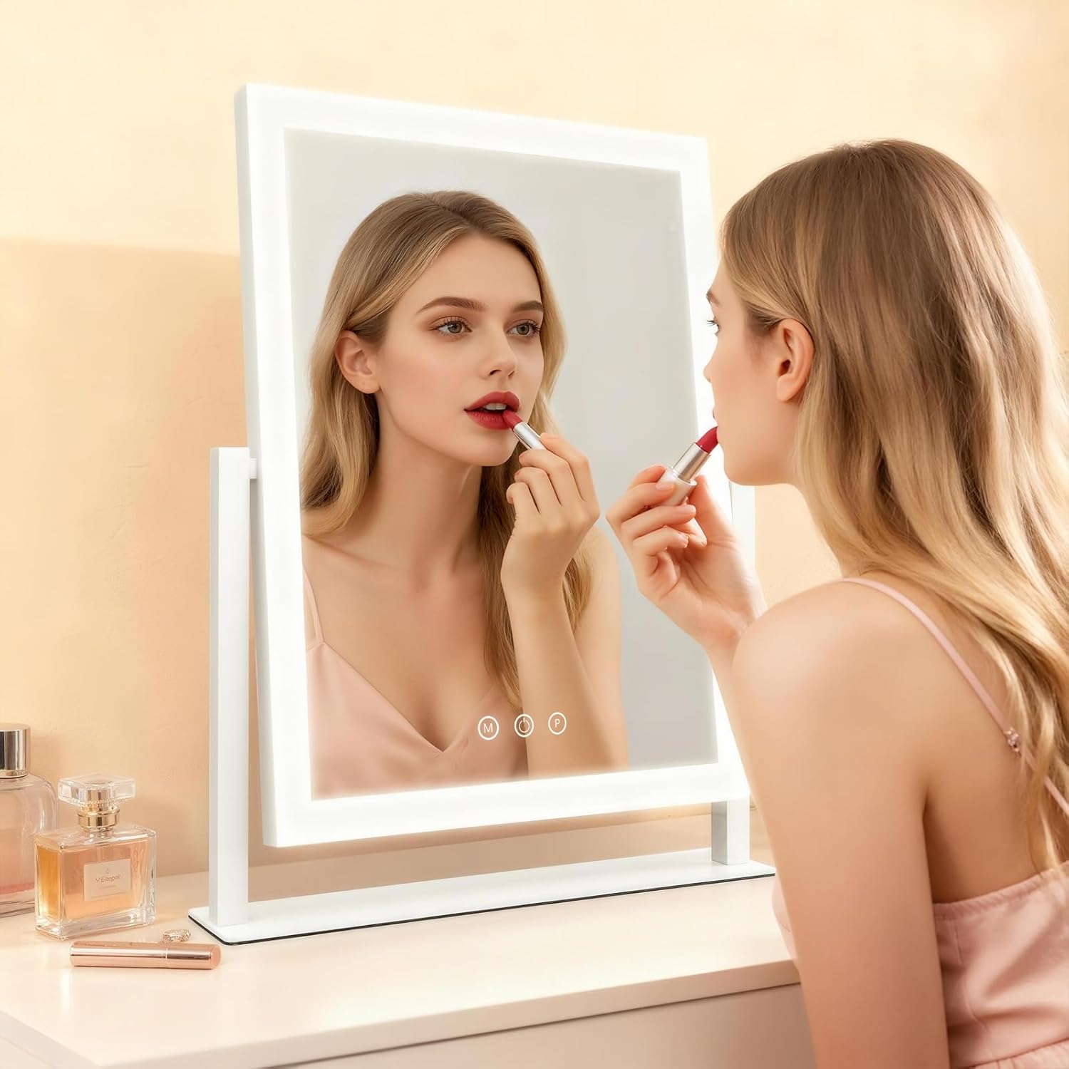 ROLOVE Vanity Mirror with Lights, Three Colors Lighting Mode, 360°Rotation, Lighted Makeup Mirror wih Stand for Desk, Bedroom, Dorm, Gifts for Women, 13x16 Inch