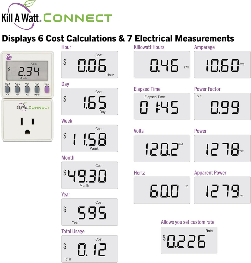 Kill A Watt Connect P4498 Electricity Usage Monitor Power Consumption Meter with Two Piece Housing and 35 Inch Cord for Easy Use