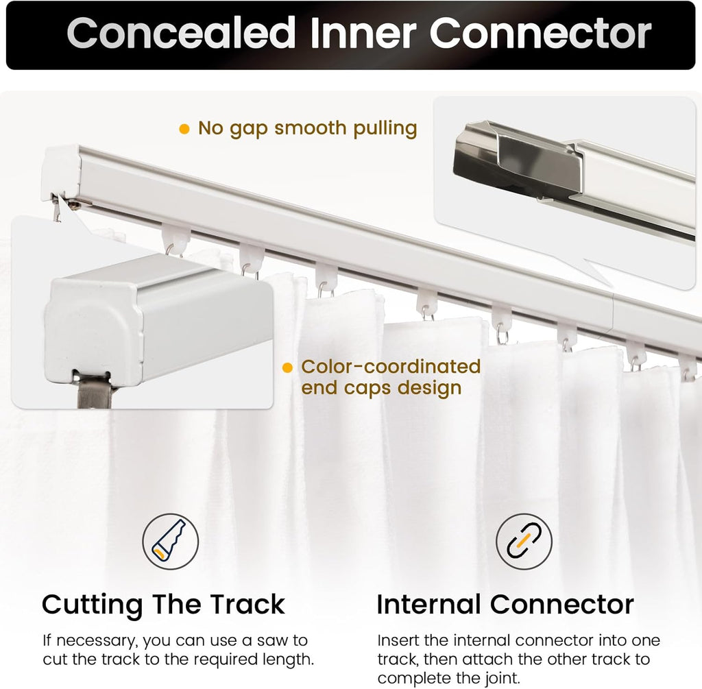 Aluminum 6 ft–9 ft Ceiling Curtain Track Set with 3 Types of Hooks, Adjustable Ceiling/Wall Mount Room Divider Curtain Rail System, White