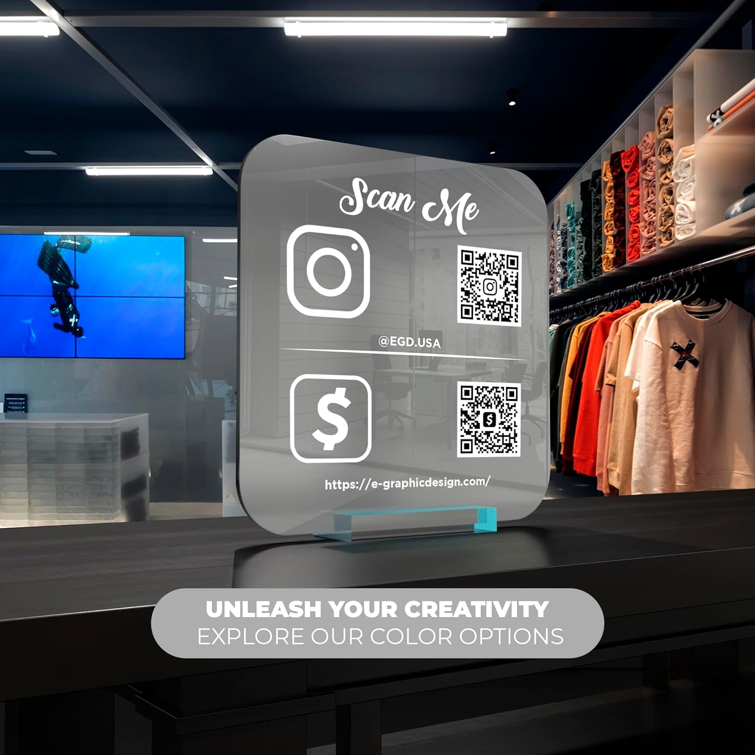 EGD Personalized Social Media QR Code Sign for Business | Facebook Instagram Sign | Custom Signs for Business I Standoff Screws Included I Multiple Color and Holder Options | Wide 10"x 10" Height