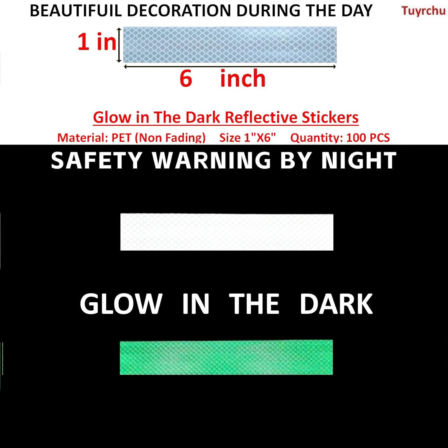 Glow in The Dark Reflective Stickers 1 inch X 6 inch for Car, High Visibility Warning Safety Reflective Strips (100 Pcs)