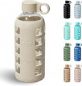purifyou 40oz / 32oz / 22oz / 12oz Borosilicate Glass Water Bottle with Time & Volume Markers, Silicone Sleeve, Stainless Steel Lid | Reusable Glass Bottle for Water & Juice (22oz Pearled Ivory)