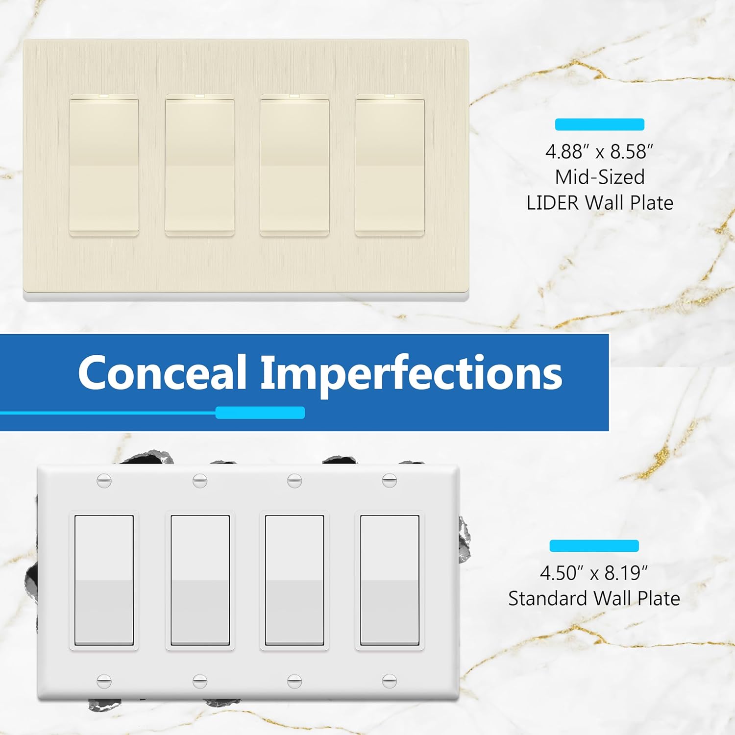 LIDER Brushed Finish Decorator Switch Cover, Screwless Wall Plate, Mid-Size 4-Gang 4.88" x 8.58", Unbreakable Polycarbonate Thermoplastic, UL Listed, LSWP-34M-BLA, Brushed Light Almond