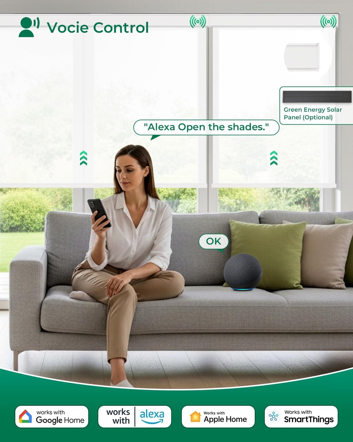 Allesin Motorized Roller Blinds – Rechargeable Smart Shades with Remote & Quiet Motor, Top/Bottom Aluminum Rails, Alexa-Compatible for Window (Custom Size, Light Filtering Seashell-Textured)