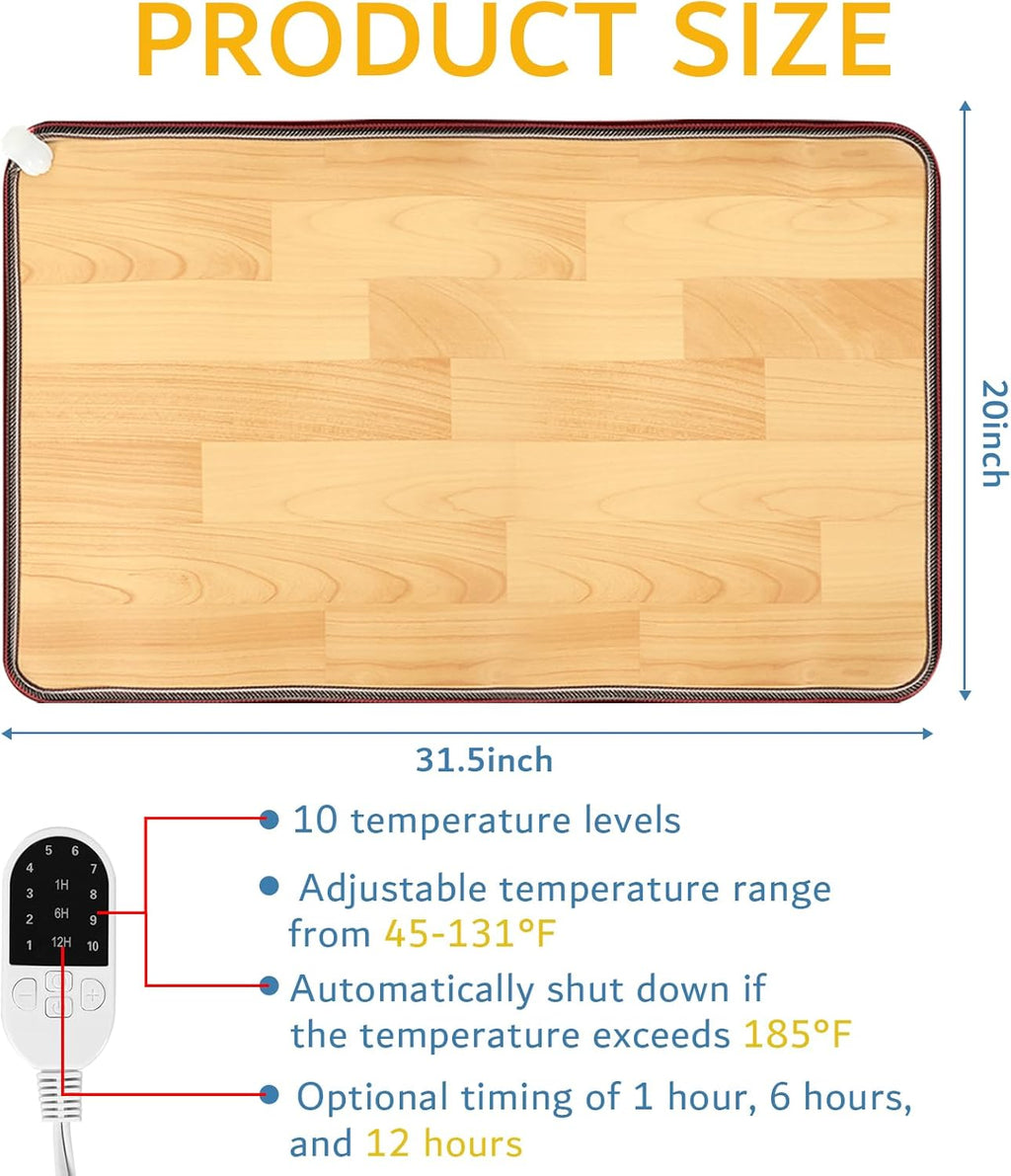PVC 110V Heated Floor Mat Heater for Foot Warmer Under Desk 31.5 x 20 Inch Carbon Crystal Wood Stripe Electric Heating Carpet Pad Energy Saving Indoor Heated Rug for Home Office House Brown