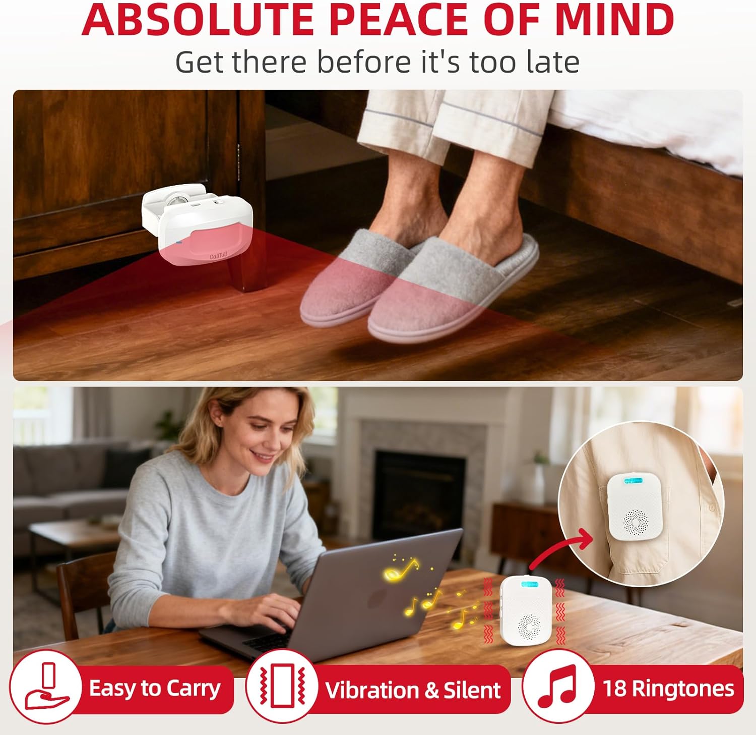 CallToU Bed Alarms for Elderly/Dementia Patients who Wander, Portable Pager & Sensor with Vibration and Silent Alert Features, Fall Prevention Alert for Home Hospital Care, Room Monitor.
