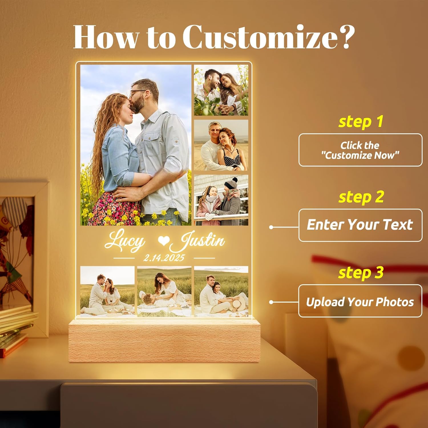 Custom Picture Frames, Personalized Picture Frame with Night Light, Customized Photo Frame, Personalized Anniversary Valentines Day Gifts for Women Men Her Him Girlfriend Boyfriend Couple Wife