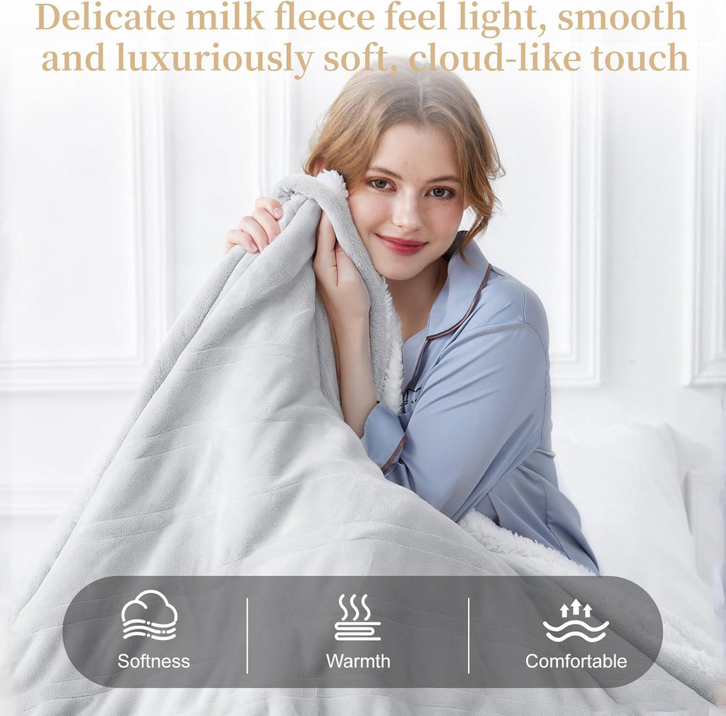 Electric Heated Throw Blanket 50" x 60", Soft Plush Flannel & Sherpa Electric Blanket with 8 Heat Settings, 1-12H Auto-Off, Fast & Even Heating, Machine Washable, Ideal for Home & Office, Light Gray