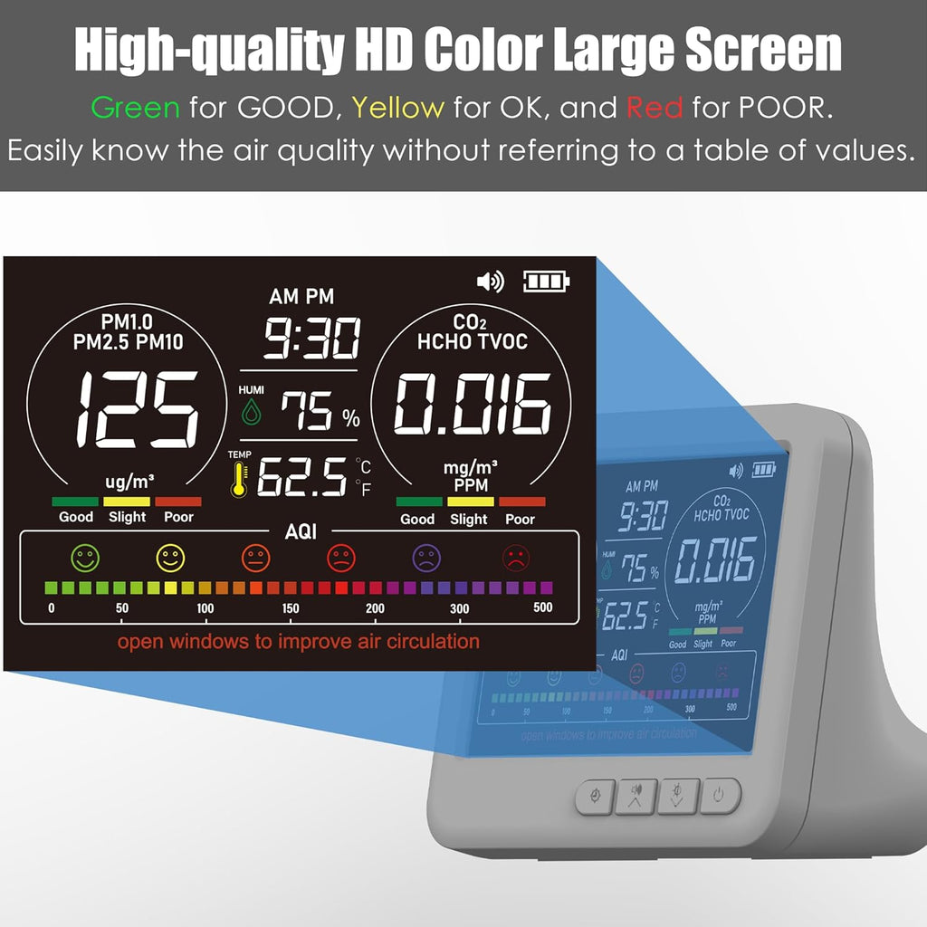 Professional Indoor Air Quality Monitor with 7X AQI,16 in 1 Portable Real-Time Detector for PM2.5 | PM10 | CO2 | TVOC | HCHO | Temp | Hum for Home Cars Plants Pets (Gray)