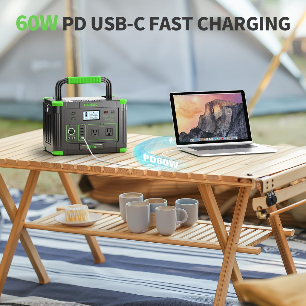 Portable Power Station EBL 500W, 519Wh Solar Generator with 2 AC 110V Outlets, USB-C PD 60W Fast Charging, 10 Ports including Wireless Charger for Camping RV Emergency Off-Grid Living (Peak 1000W)