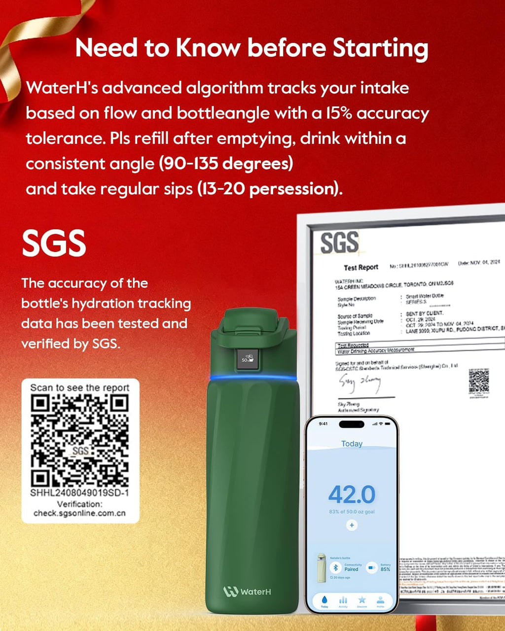 BOOST Smart Water Bottle with Reminder & Tracker, 24oz Vacuum Insulated Bottles Stainless Steel, BPA-Free, Wide Mouth, Ideal Gift for Men, Women, Christmas, New Year, Gym, Office, School