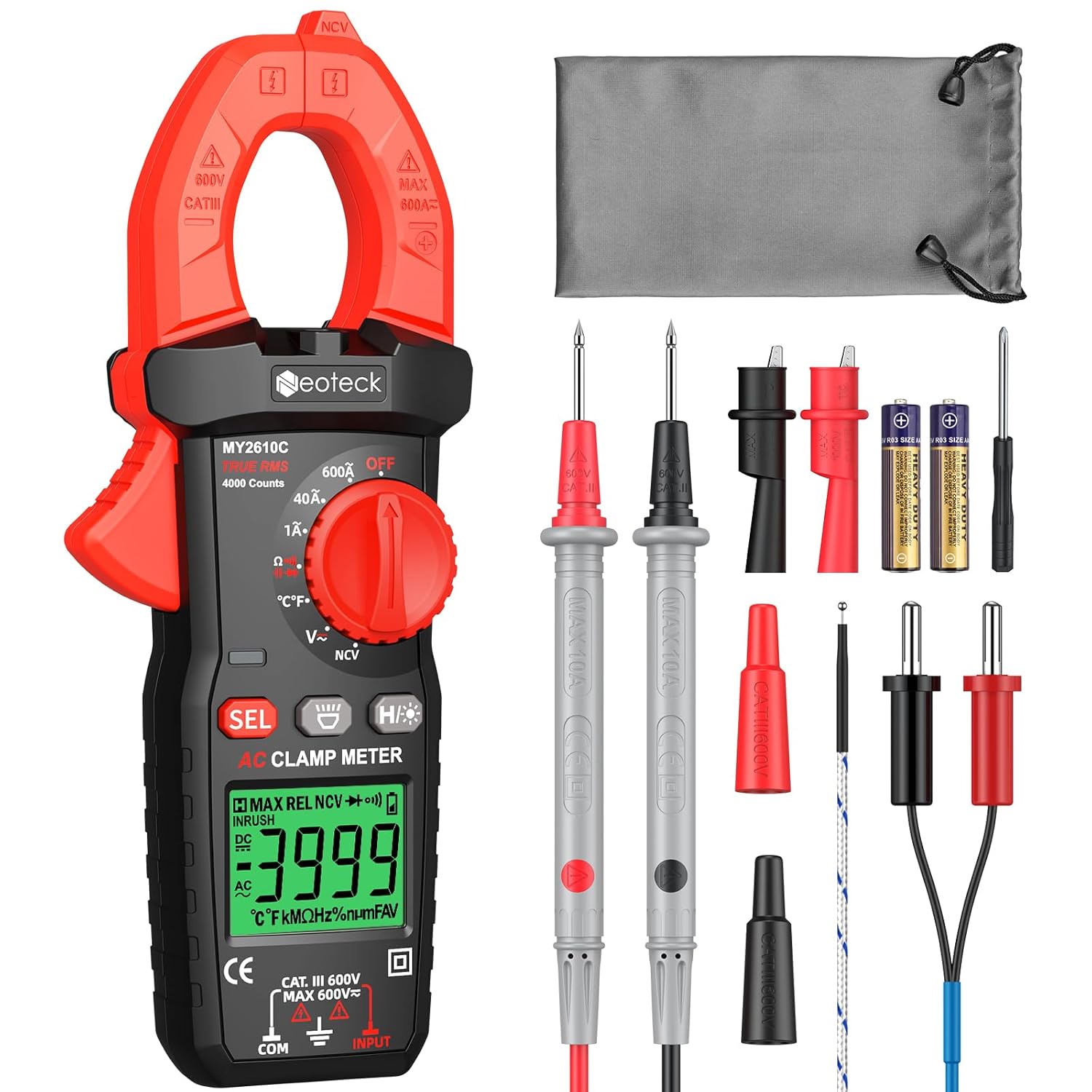 Neoteck Clamp Meter 4000 Counts Amp Meter for TRMS AC Current AC/DC Voltage 600A Auto Range Digital Multimeter with Capacitance Continuity Resistance NCV Diode Test for Car Electric Cabinet