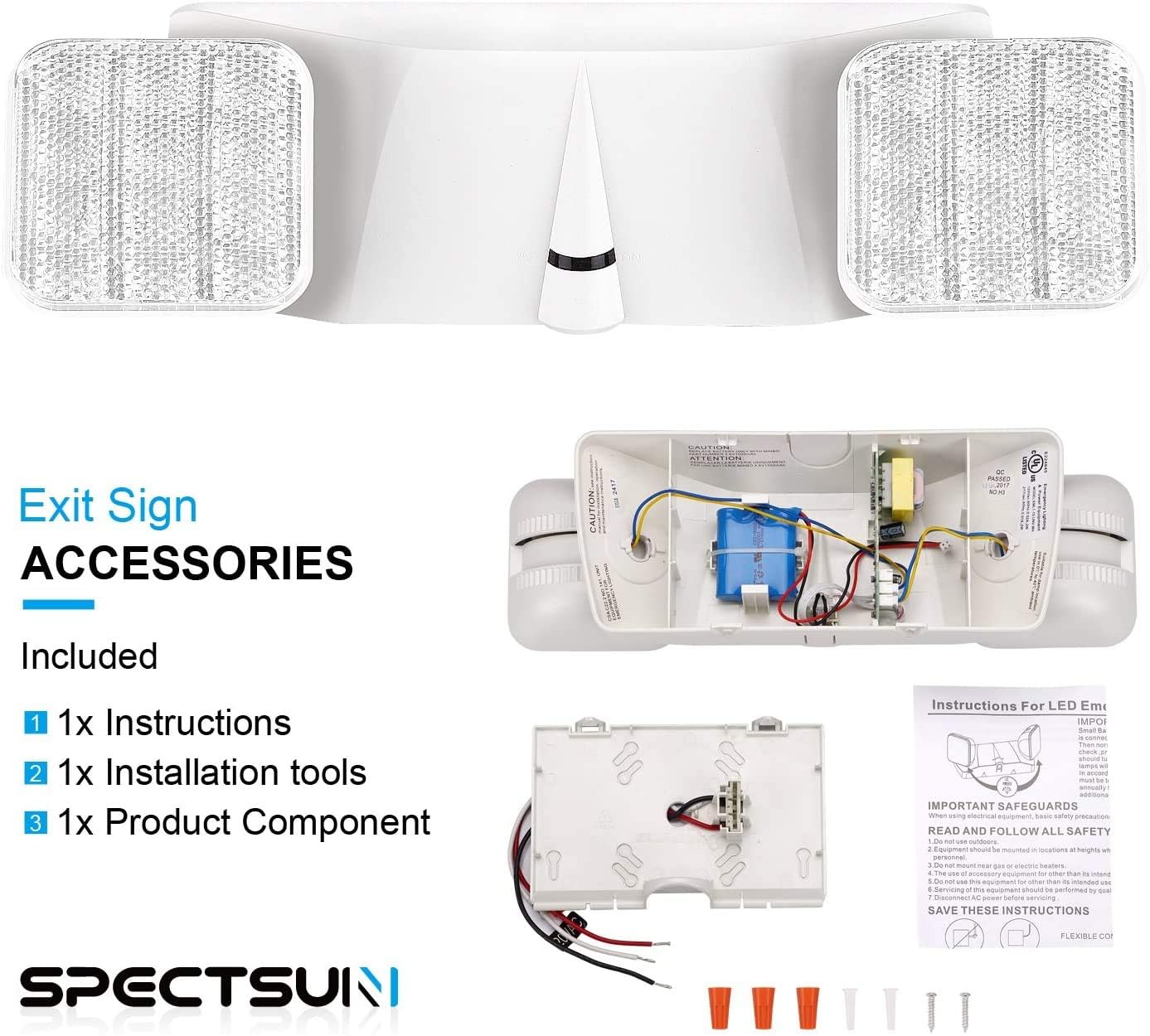 SPECTSUN 12 Pack White Emergency Lighting with 2 LED Heads White Emergency Exit Fixture and Battery Backup -UL 924 Certified and CEC Qualified Emergency Light,ABS housing,Adjustable Light Heads