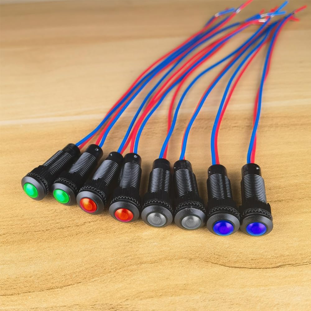 8pcs Red/Blue/Green/White LED Indicator Pilot Light 110VAC Mounting Hole Size 8mm(Flame Retardant Plastic Shell)