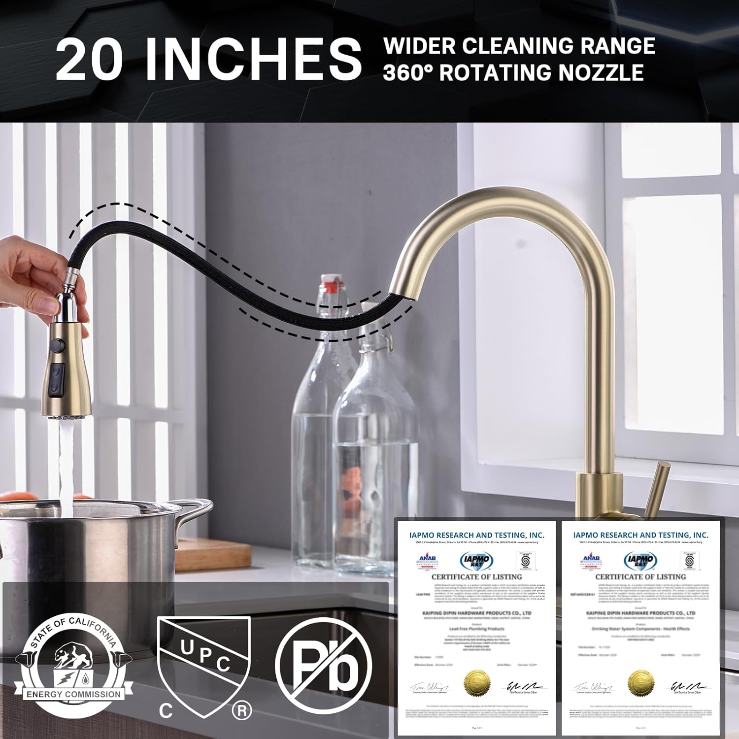 WEWE Gold Kitchen Faucet with Pull Down Sprayer, Single Handle Brushed Gold Kitchen Sink Faucets Stainless Steel Brass Copper Commercial RV 1 or 3 Hole, Champagne Bronze
