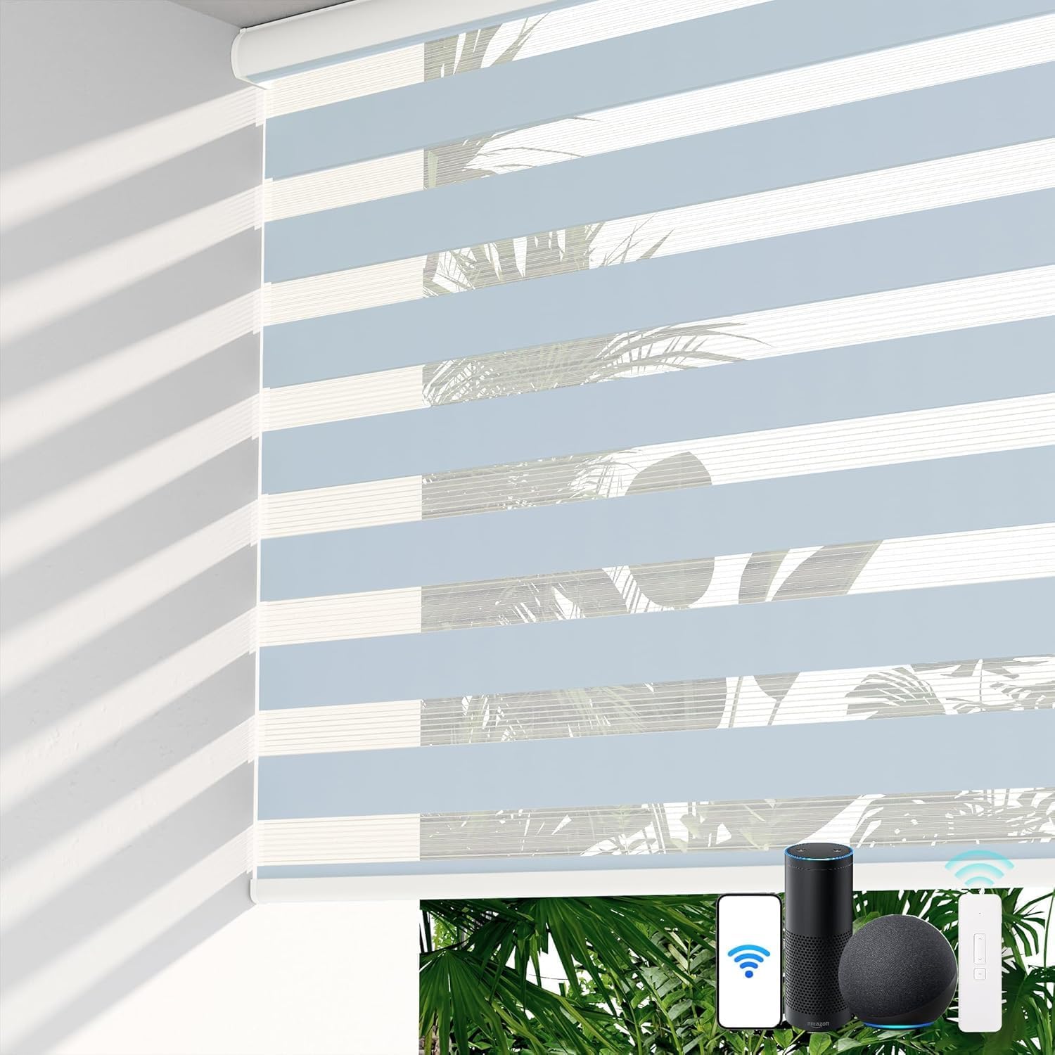 LazBlinds Motorized Zebra Roller Shades, Rechargeable Smart Blinds with Remote Control, Custom Size Light Filtering Dual Layer Roller Sheer Shades, Blue