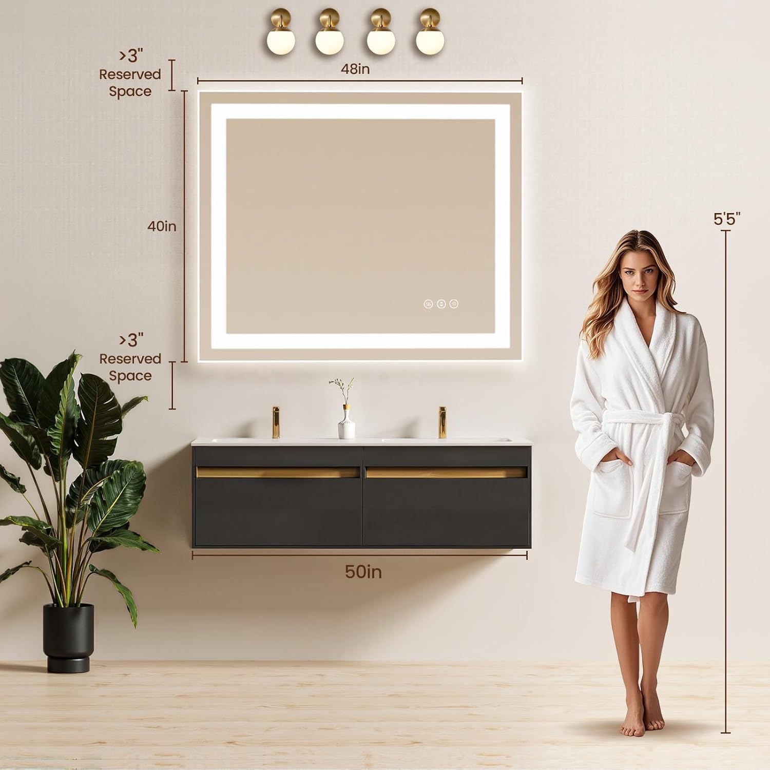 48X40 LED Bathroom Mirror with Lights, Anti-Fog, Backlit + Front Lit (CRI>90), Lighted Bathroom Vanity Mirror for Wall, Memory Function, Dimmable, Tempered Glass, Shatter-Proof