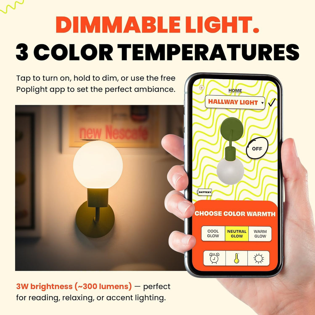 Wireless Wall Sconce (Shark Tank) Rechargeable & Dimmable LED Light w/App Control & Damage-Free Install, Moveable Modern Ambient Lighting for Elegant Home & Bedroom Decor | Sage Green