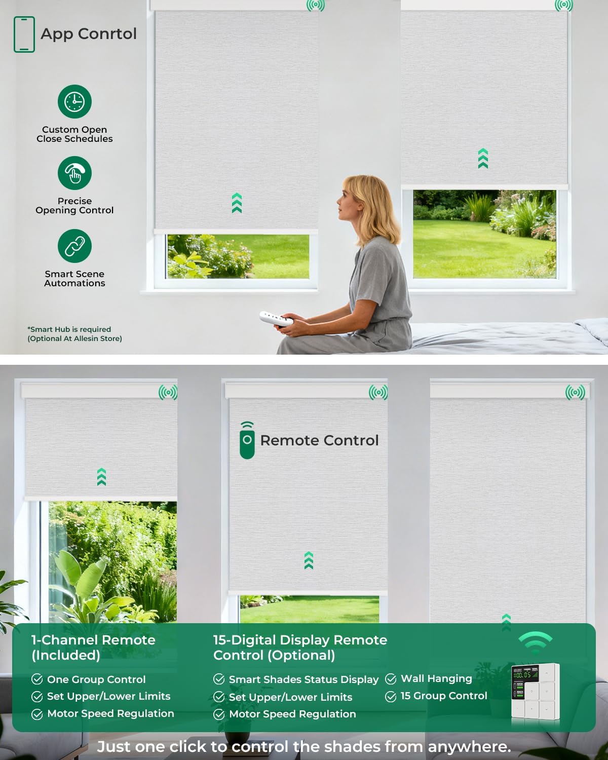 Allesin Motorized Roller Blinds – Rechargeable Smart Shades with Remote & Quiet Motor, Top/Bottom Aluminum Rails, Alexa-Compatible for Window (Custom Size, 100% Blackout Fog-Slub)