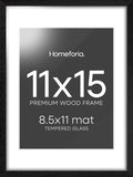 Homeforia 11x15 Picture Frame Black Wood, High End Oak 11x15 Poster Frames with Mat 8.5x11, 11 x 15 Wooden Frames Matted to 8.5 x 11 inch Photo, 15x11 Hanging Frame, Tempered Glass, Wall Kit, Set of 1