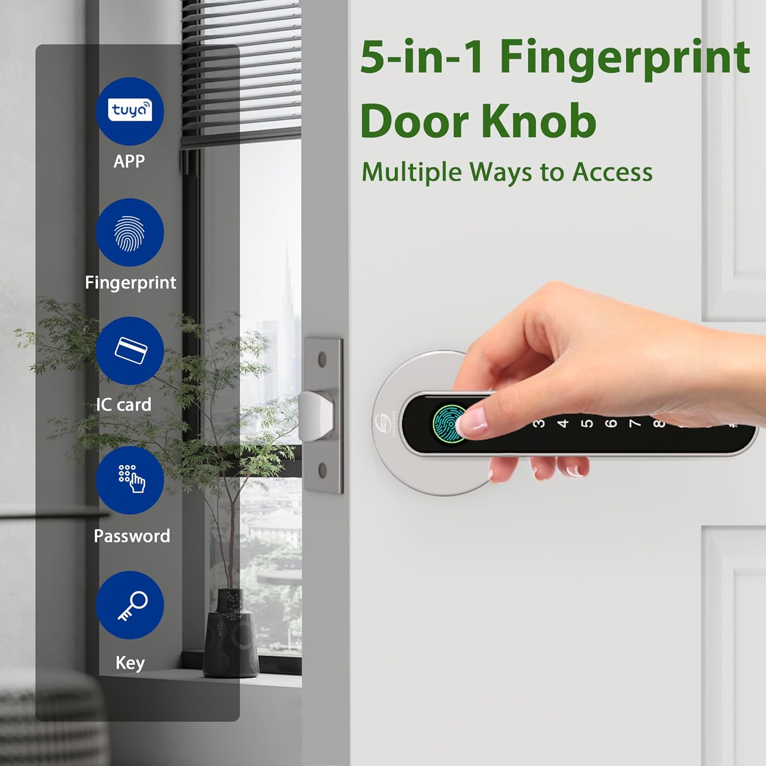 Smart Electronic Fingerprint Door Lock, Keyless Entry with Handle, Codes, APP, IC Cards, Fingerprints, Keys, for Home Bedroom Apartment (Silvery)