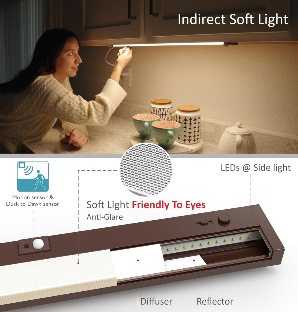 LED Under Cabinet Lighting Motion Sensored Hardwired with Built-in Dimmer, 32 Inch 16W Dimmable 5 Color 2700/3000/3500/4000/5000K, Linkable Eyes Care for Kitchen, Counter, ETL Listed, Bronze