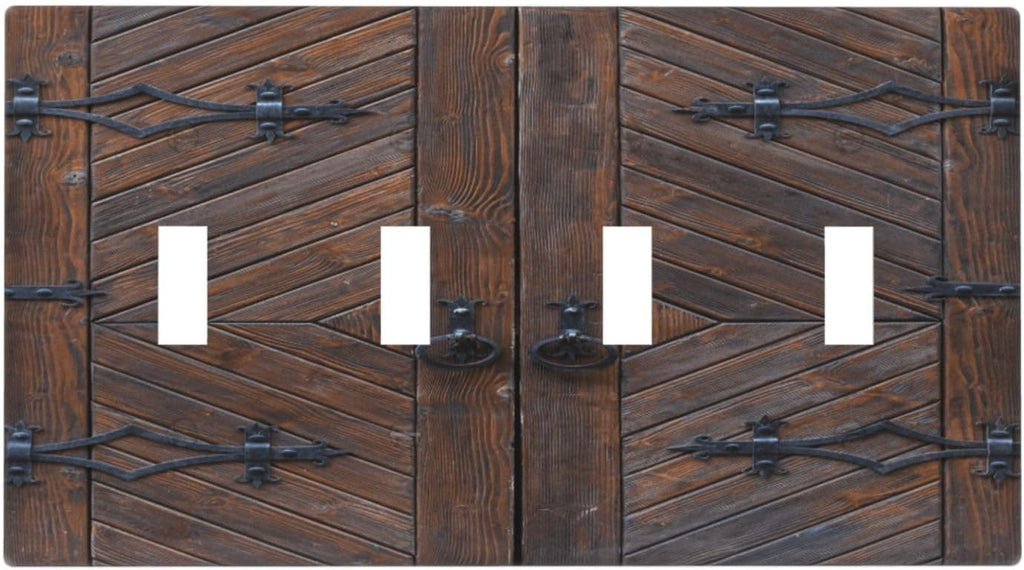 Decorative Light Switch Plate Covers Vintage Brown Wood Barn Door 4 Gang Light Switch Cover Quad Toggle Wall Plate Outlet Covers for Farmhouse Home Decor