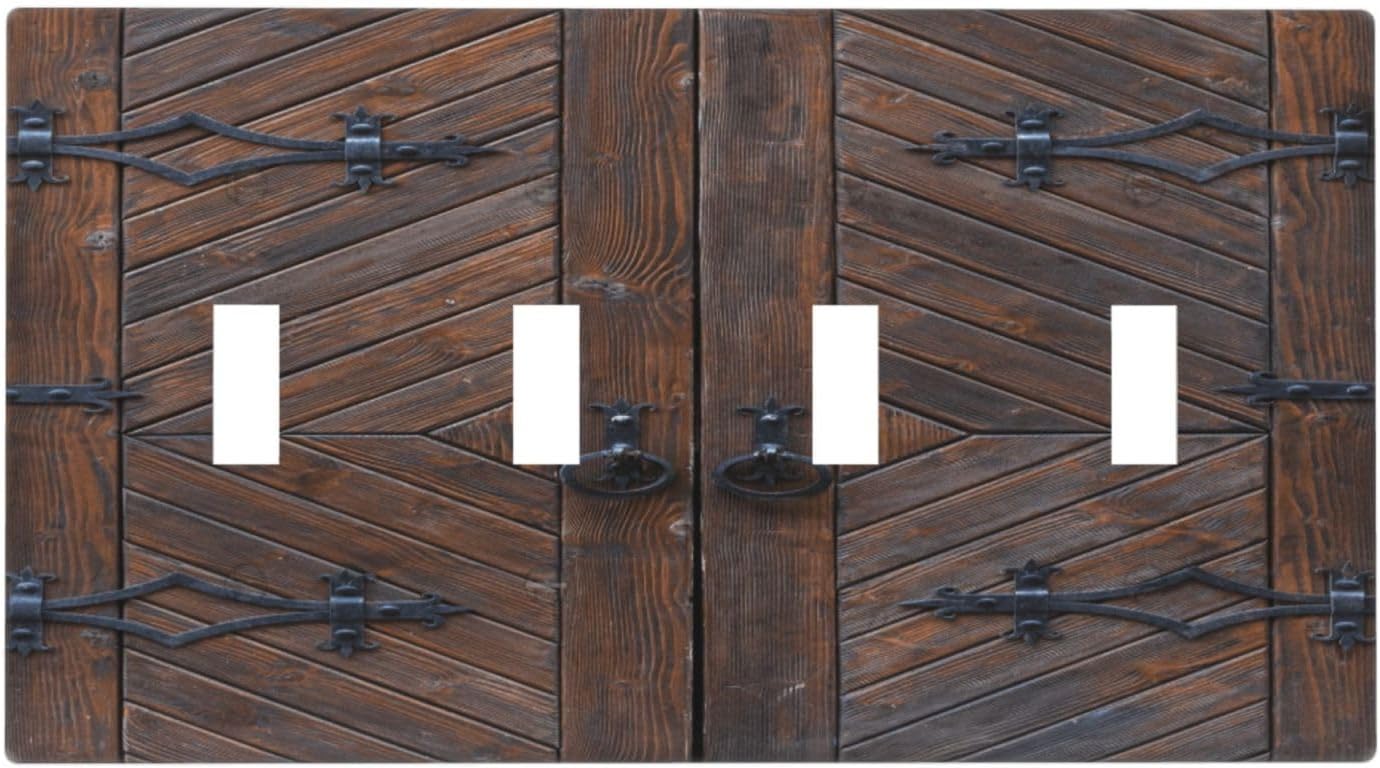Decorative Light Switch Plate Covers Vintage Brown Wood Barn Door 4 Gang Light Switch Cover Quad Toggle Wall Plate Outlet Covers for Farmhouse Home Decor